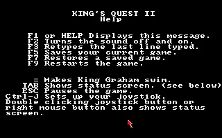 King&#x27;s Quest II: Romancing the Throne Amiga The help screen.