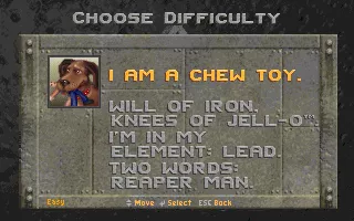 Rise of the Triad: Dark War DOS Difficulty selection screen.
