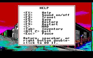 Manhunter 2: San Francisco Amiga A help screen.