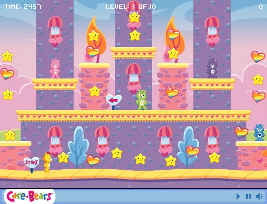 Follow Funshine Browser The first level. You are the yellow bear, and the goal is to pick up all your friends that are standing around level.
