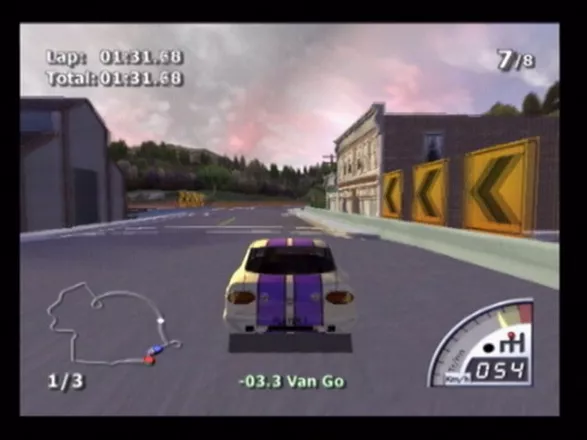 Rumble Racing PlayStation 2 This is a gameplay shot. You can see your car from the outside as well as from 1st person (which is very hard to control).