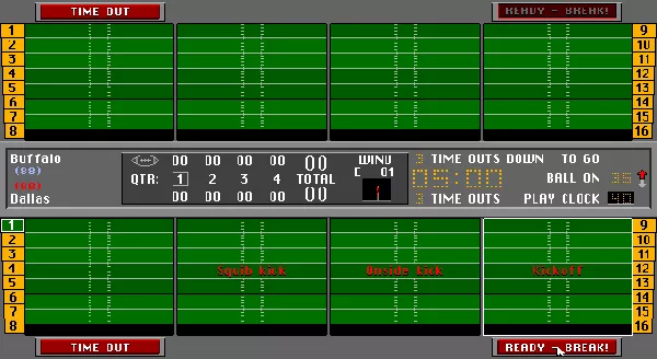 Front Page Sports: Football Pro DOS Play select screen.