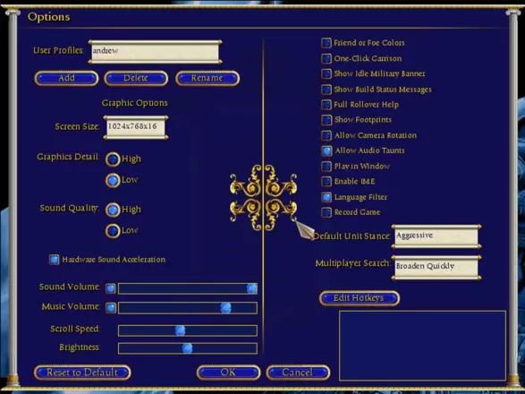 Age of Mythology Windows The main options page