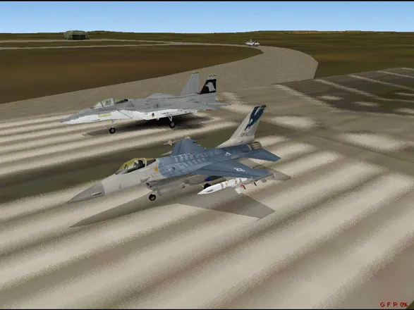 F-16 Multirole Fighter Windows F-16 Fighting Falcon and F-15 Eagle on the runway.