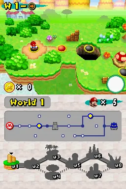 New Super Mario Bros. Nintendo DS You progress through the levels like in Mario 3 or Super Mario World. The map on the lower screen shows your progress.