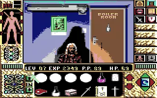 Elvira II: The Jaws of Cerberus Commodore 64 The boiler room.  The caretaker seems to really like it down here.