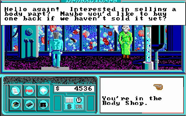 Neuromancer DOS Buy and Sell Body Parts at the BodyShop