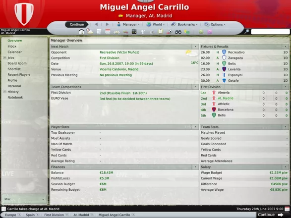 Worldwide Soccer Manager 2008 Windows Manager overview at the beginning of the season