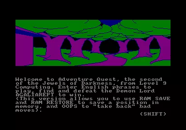Jewels of Darkness Amstrad CPC Starting screen for Adventure Quest