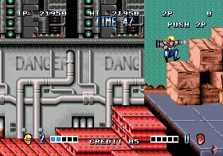 Double Dragon Genesis Some of the action involves jumping over crates