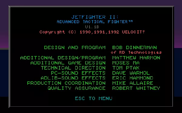 JetFighter II: Advanced Tactical Fighter DOS Credits