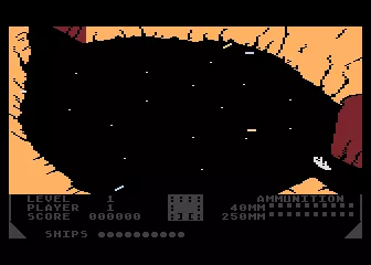 Beach-Head Atari 8-bit Entering the cavern full of mines and missiles.