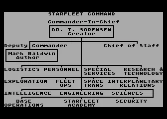 Star Fleet I: The War Begins! Atari 8-bit Credits presented as an organization chart.