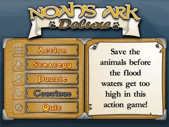 Noah&#x27;s Ark Deluxe Windows Main Menu where the different game modes can be selected.