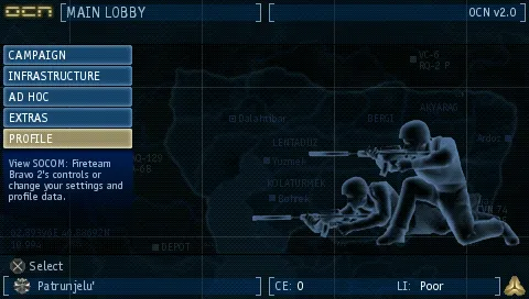 SOCOM: U.S. Navy SEALs - Fireteam Bravo 2 PSP Main menu.