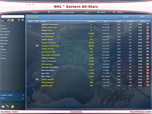 NHL Eastside Hockey Manager 2007 Windows All-stars team roster