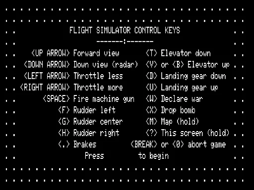 Flight Simulator TRS-80 User help and flight control reference