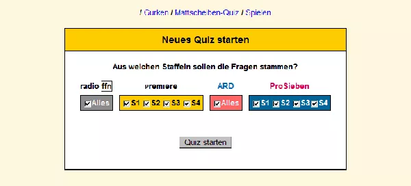 Das Mattscheiben-Quiz Browser Choosing the question categories