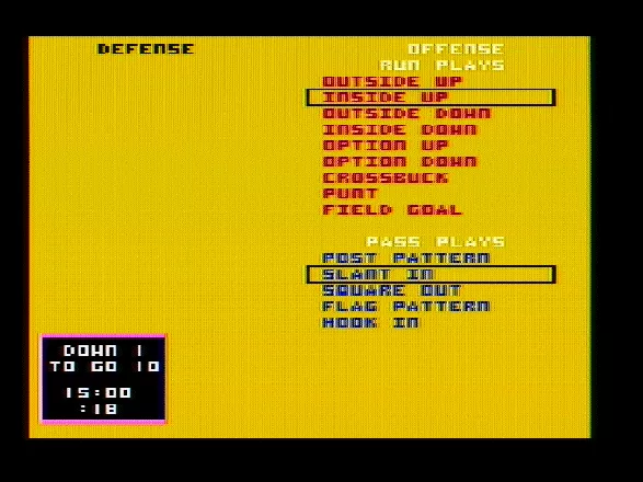 Football DOS Choose a play (CGA Composite mode)