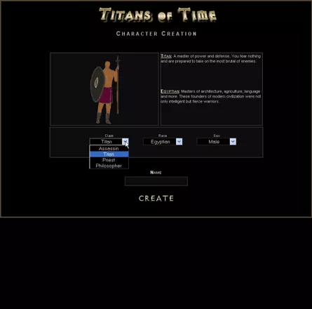 Titans of Time Browser Character creation: choose from four classes.