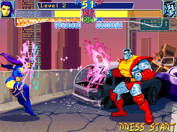 X-Men: Children of the Atom DOS Here is Psylocke&#x27;s Psi-Blast, her &#x22;fireball&#x22; move. Doing special moves, regular moves and taking damage will increase the power bar (under the life bar) which is used for super moves.