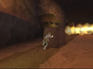 Disney&#x27;s Atlantis: The Lost Empire PlayStation Milo stopping the fire with a block.
