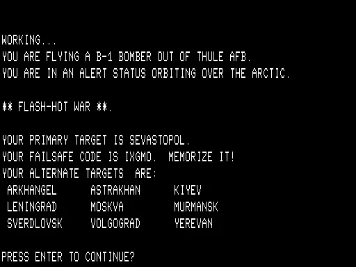 B-1 Nuclear Bomber TRS-80 Mission intro and target and failsafe code