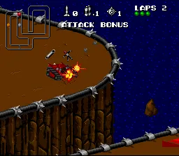 Rock n&#x27; Roll Racing SNES Blowing up another car with a well-aimed missile