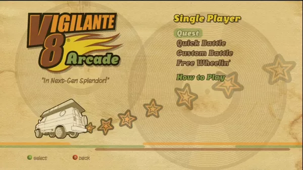 Vigilante 8: Arcade Xbox 360 Single-player menu.