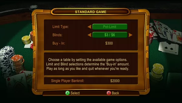 Texas Hold &#x27;em Xbox 360 Options for a standard game.