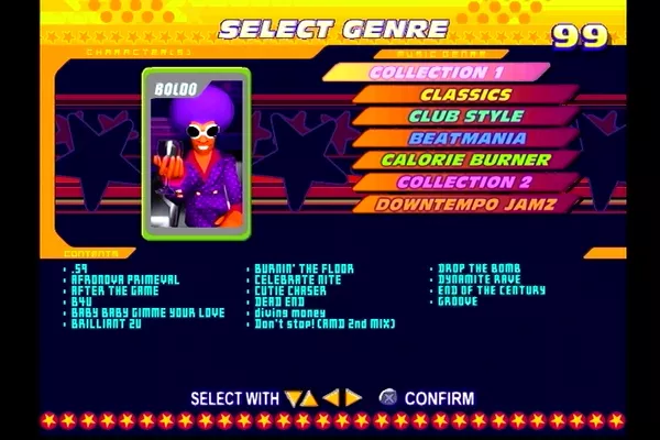 Dance Dance Revolution: Konamix PlayStation You don&#x27;t have all songs available - you can only choose from predetermined playlists. The character will change depending on which one you choose.