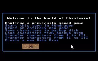 Phantasie III: The Wrath of Nikademus Atari ST Game options at the start of the game