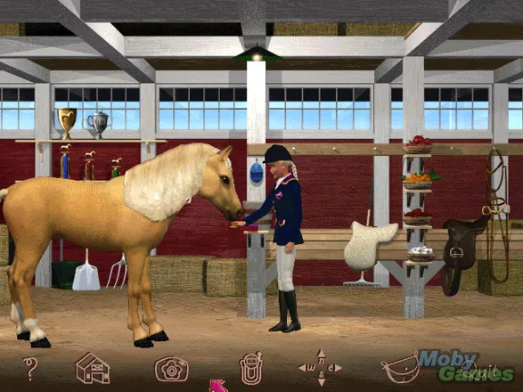 Barbie Adventure: Riding Club Windows Feeding snacks to the horse in the tack and grooming area