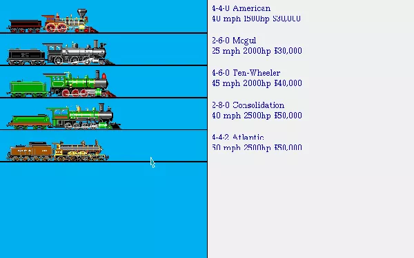 Sid Meier&#x27;s Railroad Tycoon Deluxe DOS Train purchasing screen