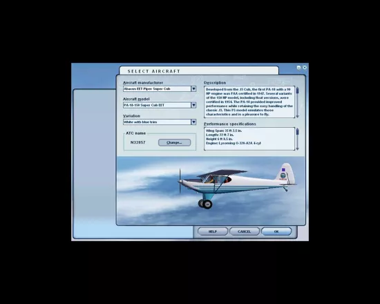 This screen shot shows selection of the new plane, the Piper Super Cub, from within Microsoft Flight Simulator 2004