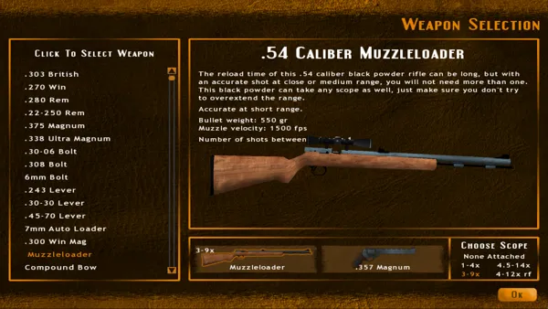 Hunting Unlimited 2008 Windows Weapon selection screen