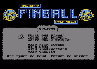 Advanced Pinball Simulator Atari 8-bit Title screen and main menu