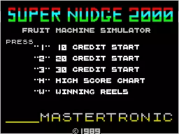 Super Nudge 2000 ZX Spectrum The game start screen. Initially the lower part of the screen is blank. After a short wait the company name, game credits, and main action keys are displayed by letters tumbling across the screen