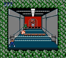 Contra NES next one is tougher: those green suckers throw logs at me, I&#x27;d better duck in the corner...