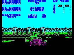 Championship Run ZX Spectrum A collision. There&#x27;s a little cartoon star just visible between my car and the one in front