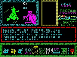 Post Mortem ZX Spectrum Next screen.
You are in the world of nightmares: there are fauns and monsters. You can go right or forward