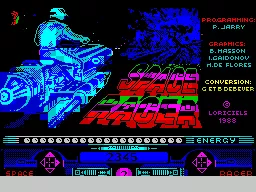 Space Racer ZX Spectrum This screen displays as the game loads.
Just before the game is ready to play it turns into a monochrome black and yellow picture
