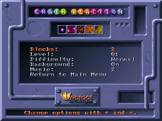Chain Reaction DOS The game options menu showing the elements that can be customised