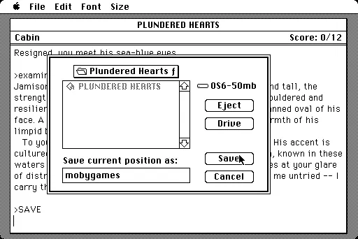 Plundered Hearts Macintosh Game save