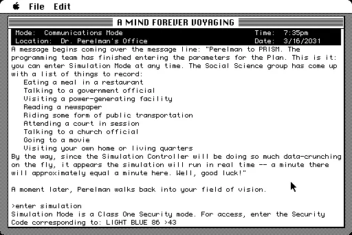 A Mind Forever Voyaging Macintosh Entering simulation - random code each time