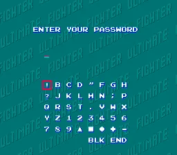 Ultimate Fighter SNES Password screen