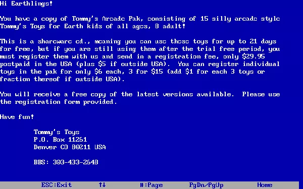 Tommy&#x27;s Arcade DOS The compilations introductory screen
