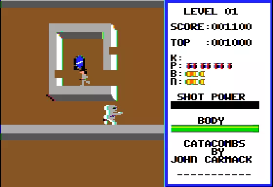 Catacomb Apple II Pursuit by a large enemy, destroying wall segments; mirror is end-of-level.