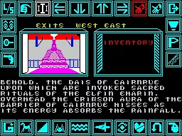 Shard of Inovar ZX Spectrum The game starts here. Messages scroll across the top of the screen. Here they show the game&#x27;s authors and the exit from this temple
