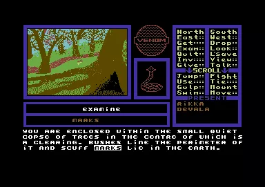 Venom Commodore 64 Here the EXAMINE command has been selected. The game displays it in the pane beneath the artwork and then allows the player to scroll through the text to find something to examine